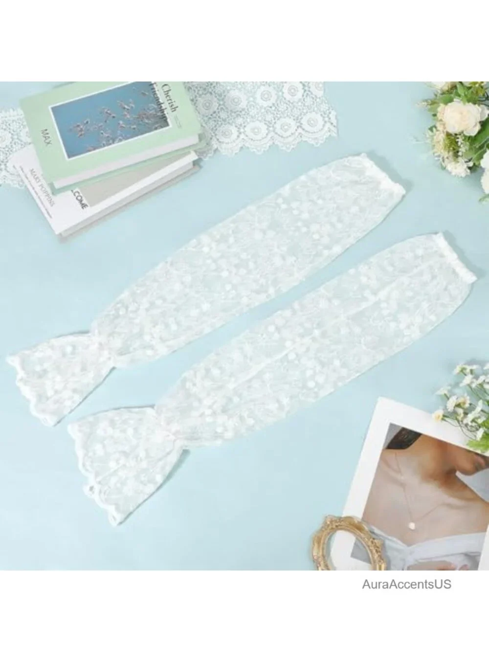White Lace Fingerless Gloves Detachable Arm Sleeves for Wedding Party Costume